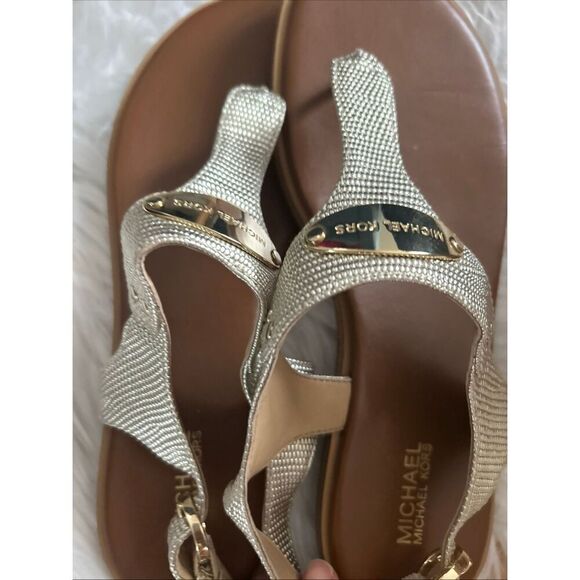 MICHAEL MICHAEL KORS Leather Gold Women's MK Plate Flat gladiator  Sandals Size - Picture 6 of 8